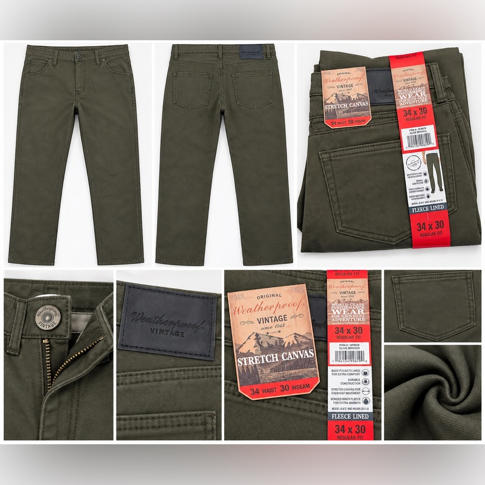 Weatherproof Vintage Mens Fleece Lined Stretch Canvas Pants Olive 34x30